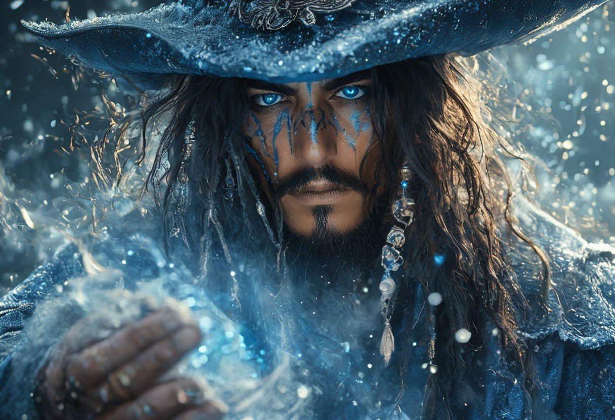 an ultra realistic close up action shot photograph of pirate Jack Sparrow with long black hair and moustache wearing blue hat casting ice magic spell from his hand, shiny particles, glowing dust, sparkles , magic aura, hkmagic, masterpiece, best quality, highly detailed, sharp focus, dynamic lighting