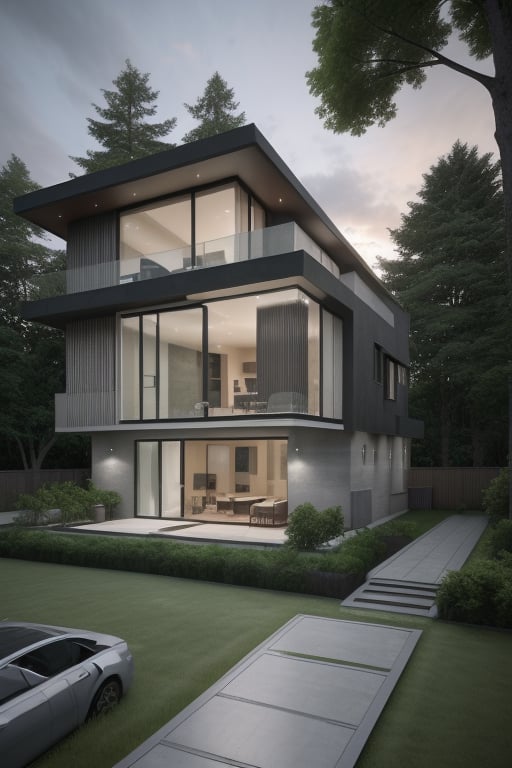 Contemporary house design, cantilever floor, surrounded by trees, exposing roof structure, 3d render, realistic look, dusk scene, small terrace,Base,photorealistic