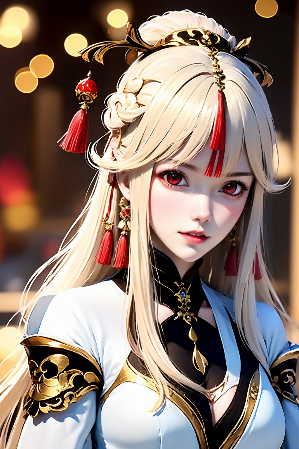 1girl, solo, red eyes, hair ornament, long hair, ningguang \(genshin impact\), tassel, looking at viewer, white hair, parted lips, upper body, tassel hair ornament, blurry, blurry background, hair stick, chinese clothes, jewelry, red lips, parted bangs, dress, lips, hand up, long sleeves, sidelocks, breasts, depth of field, makeup, gold trim, gem, bokeh, white dress, claw ring, lipstick, realistic, hairpin, see-through, eyelashes, medium breasts, teeth, earrings, red dress, half updo, china dress, detached sleeves, fingernails, very long hair, wide sleeves, tassel earrings, hair bun, see-through sleeves, blonde hair, light particles