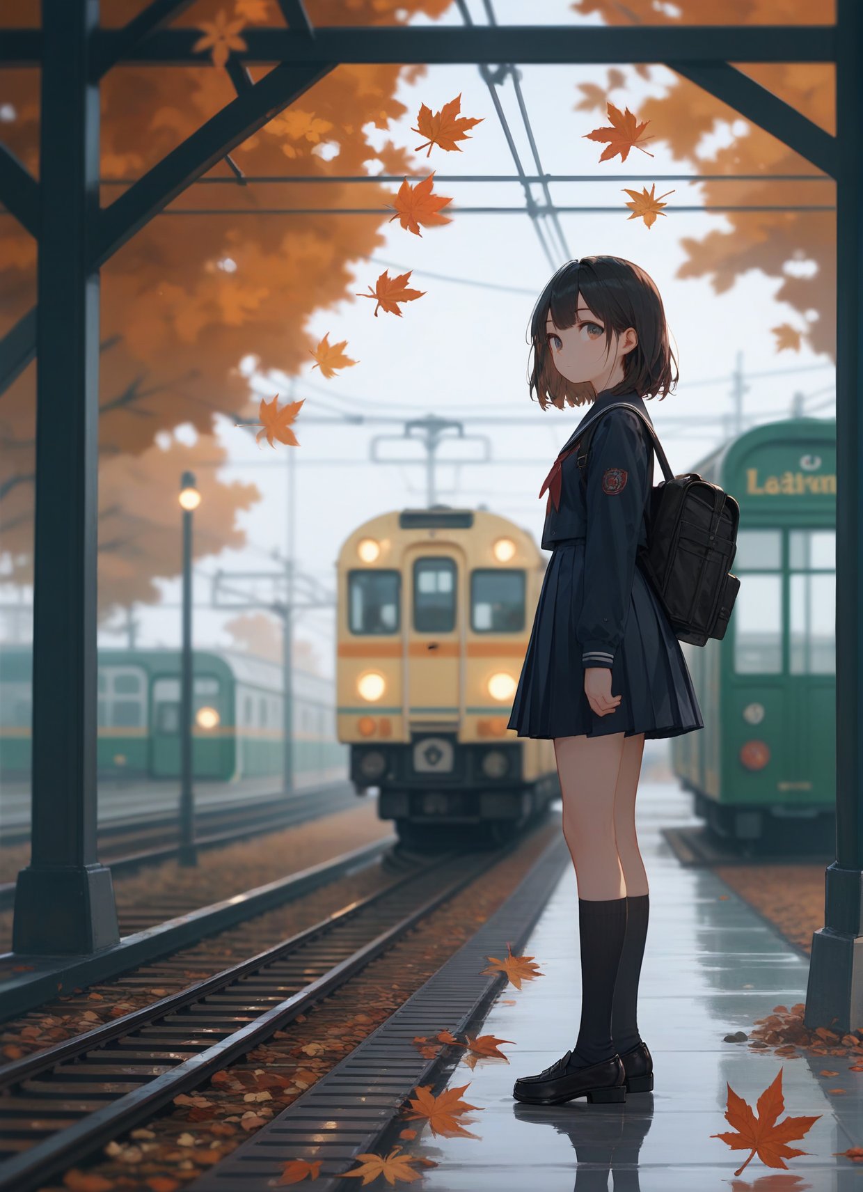 score_9,score_8_up,score_7_up,1girl,solo,autumn leaves,socks,black hair,shoes,bag,looking at viewer,black socks,school uniform,standing,train station,railroad tracks,skirt,ground vehicle,outdoors,blurry,train,autumn,bangs,long sleeves,loafers,kneehighs,black footwear,pleated skirt,full body,serafuku,depth of field,from side,leaf,looking to the side,short hair,closed mouth,backpack,reflection,maple leaf,