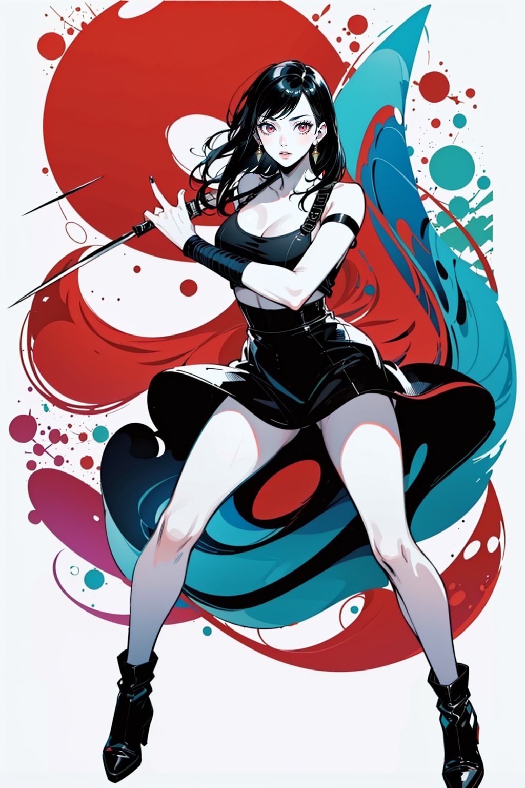 (Masterpiece: 1.4), (Best Quality: 1.4), 1girl, aesthetic photography, poping colors, solo, bzillust, minimalistic design of a girl, white background, abstract background:1.2, full body, high quality, araffe woman in a black dress posing with a sword, seductive tifa lockhart portrait, tifa lockhart, tifa, glamorous tifa lockheart, japanese goddess, tifa lockheart, Yoshitomo Nara, ayami, mayuri shiina, deayami kojima, tight short dress,bbyorf<lora:EMS-14325-EMS:0.600000>, <lora:EMS-308740-EMS:1.200000>