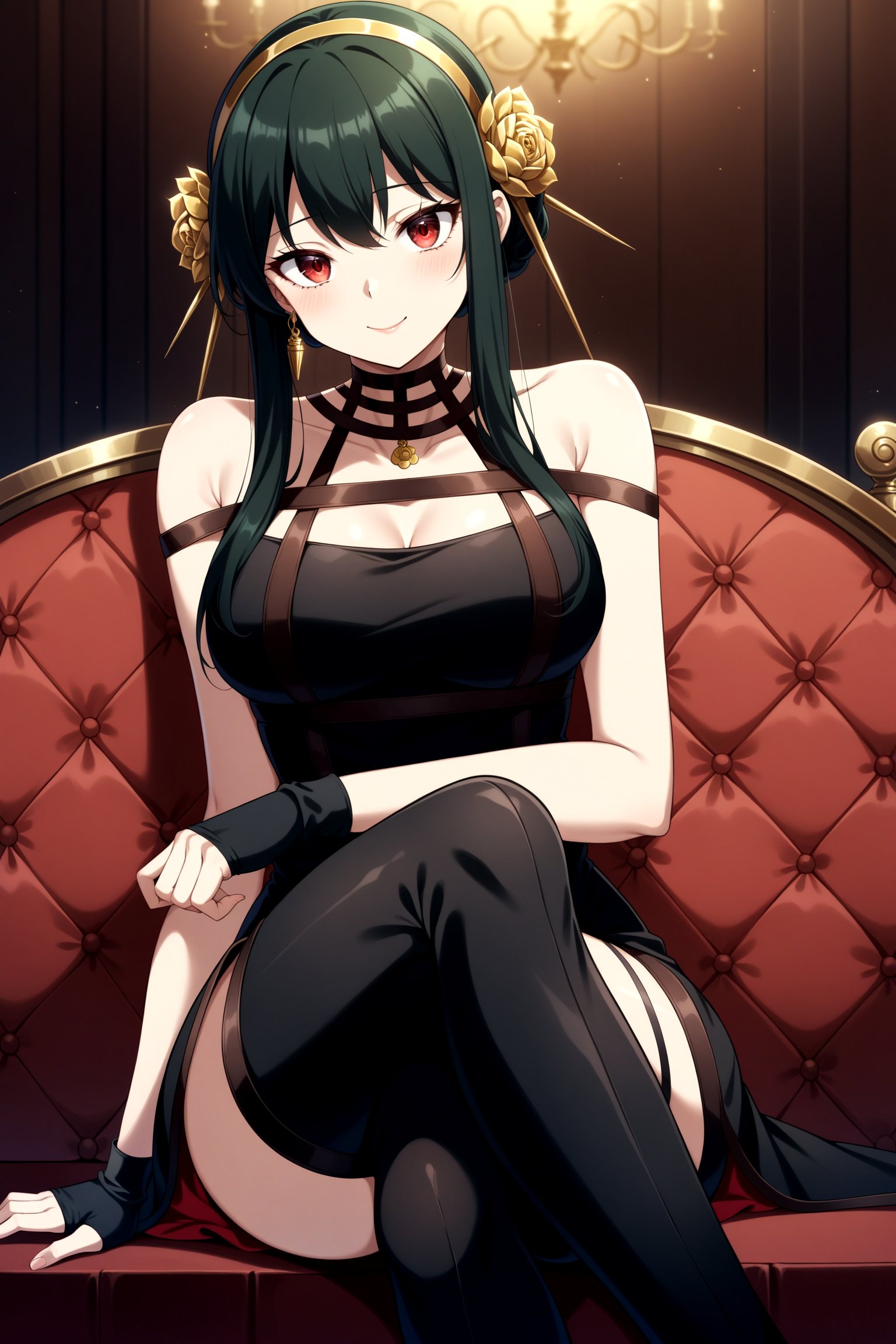 (masterpiece, best quality, very aesthetic, ultra detailed), intricate details, 4k, anime style, aayorf, short hair with long locks, gold hairband, hair ornament, red eyes, gold earring, breasts, choker, bare shoulders, black dress, two-sided dress, fingerless gloves, black gloves, thigh boots, <lora:yor_forger_XL_v1:0.9>, indoors, sitting, smile, sofa, crossed legs,