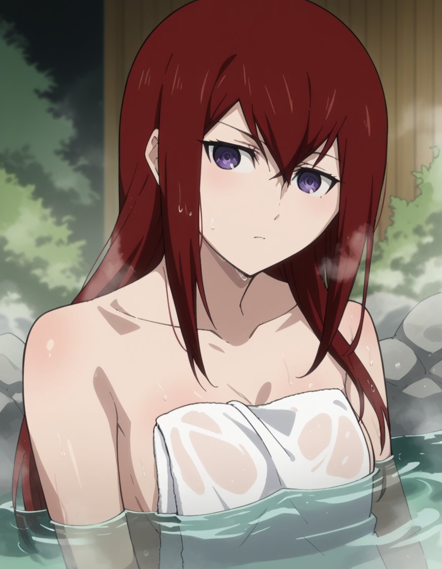 score_9, score_8_up, score_7_up, source_anime,kurisumakise, <lora:kurisu-makise-s1-ponyxl-lora-nochekaiser:1>,kurisu makise, hair between eyes, hair over shoulder, long hair, purple eyes, red hair, straight hair,nude, naked, outdoors, onsen, towel, naked towel, steam, bathing, nude cover, partially submerged, water, bath, steam censor, wet towel,looking at viewer, cowboy shot, solo, dutch angle,