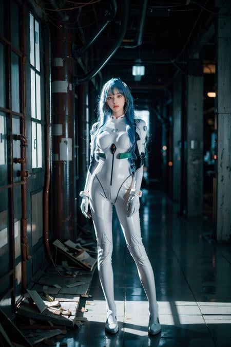 best quality, masterpiece, photorealistic, 1girl, solo, looking at viewer, bangs, full body, closed mouth, expressionless, standing, ayanami_cosplay_costume, plugsuit, blue hair, ayanami rei, pilot suit, cosplay, long hair, interface headset, hairpods, gloves, bracer, skin tight, ( ruins:1.4), night, neon light, cyberpunk, science fiction, future city, detailed background, <lora:ayanami_cosplay_costume_v2:0.65>