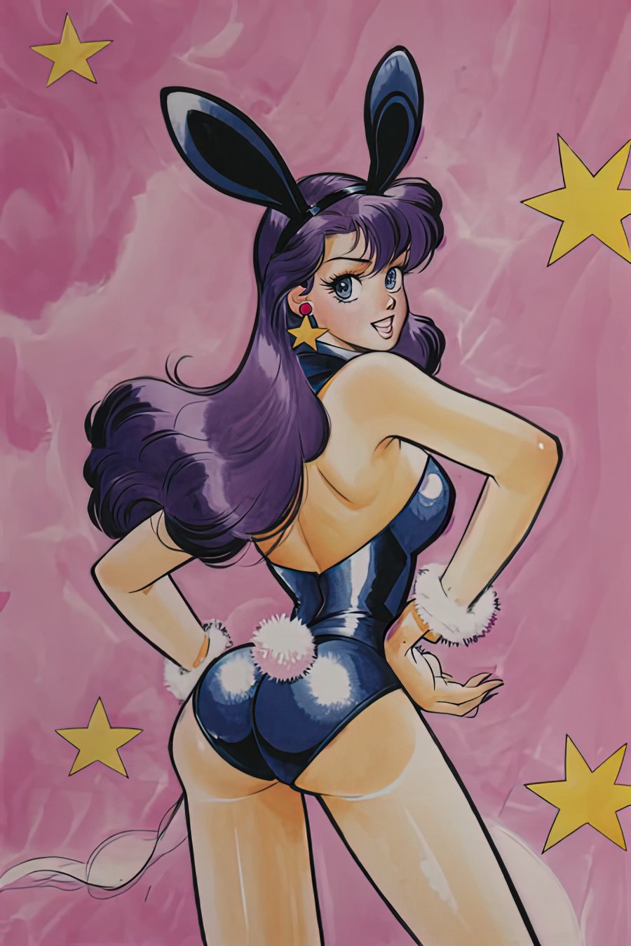 <lora:Inomata_Style:1> style by Mutsumi Inomata, retro art style, 1girl, solo, long hair, smile, open mouth, blue eyes, animal ears, jewelry, tail, purple hair, earrings, looking back, star (symbol), rabbit ears, leotard, bare legs, playboy bunny, moon, rabbit tail, full moon, hands on hips, rabbit,  star earrings, pink leotard