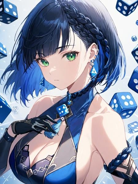 ultra-detailed,(best quality),((masterpiece)),(highres),original,extremely,<lora:yelan2_xl:1>,yelan,1girl,y,solo,jewelry,gloves,green eyes,earrings,bangs,looking at viewer,blue hair,black hair,braid,short hair,black gloves,upper body,dice,breasts,bare shoulders,closed mouth,