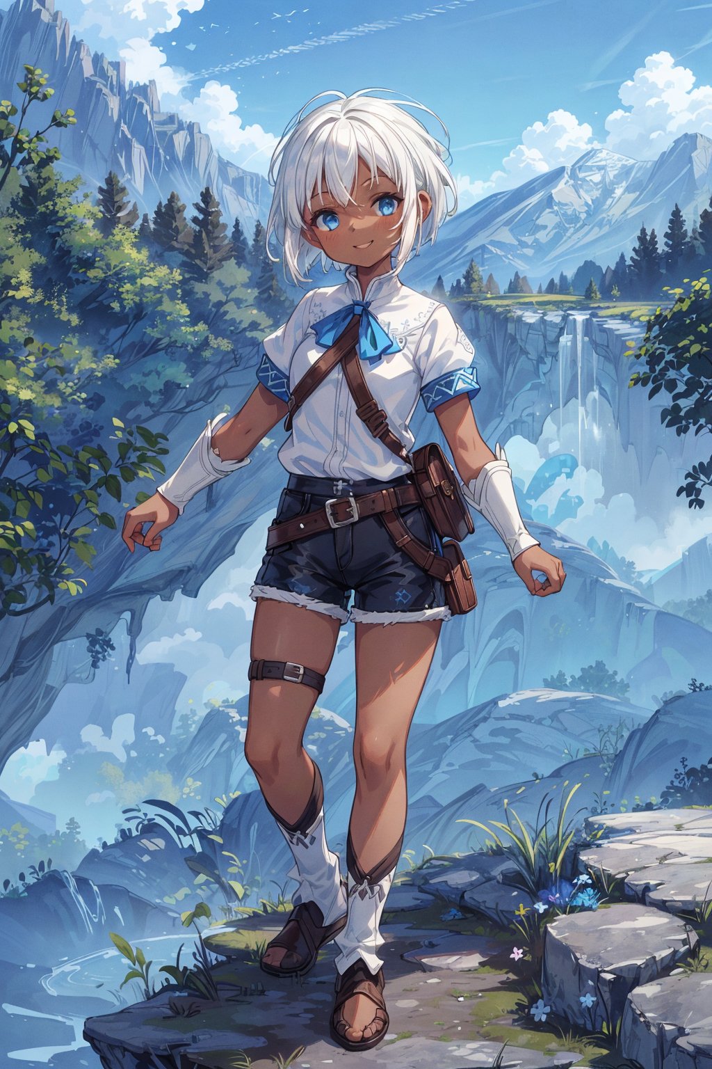 absurdres ,high res, perfect anatomy, Hyper detailed, high-resolution in elaborateness, (scenic, detailed blue sky:1.3), (1 girl, solo:1.3), expressionless, (pure white hair, short hair, white hair:1.3), (dark brown skin:1.3), blue eyes, adventurer's clothes, simple leather armor, shorts, smile, gleaming skin, realistic skin, (photoreal),