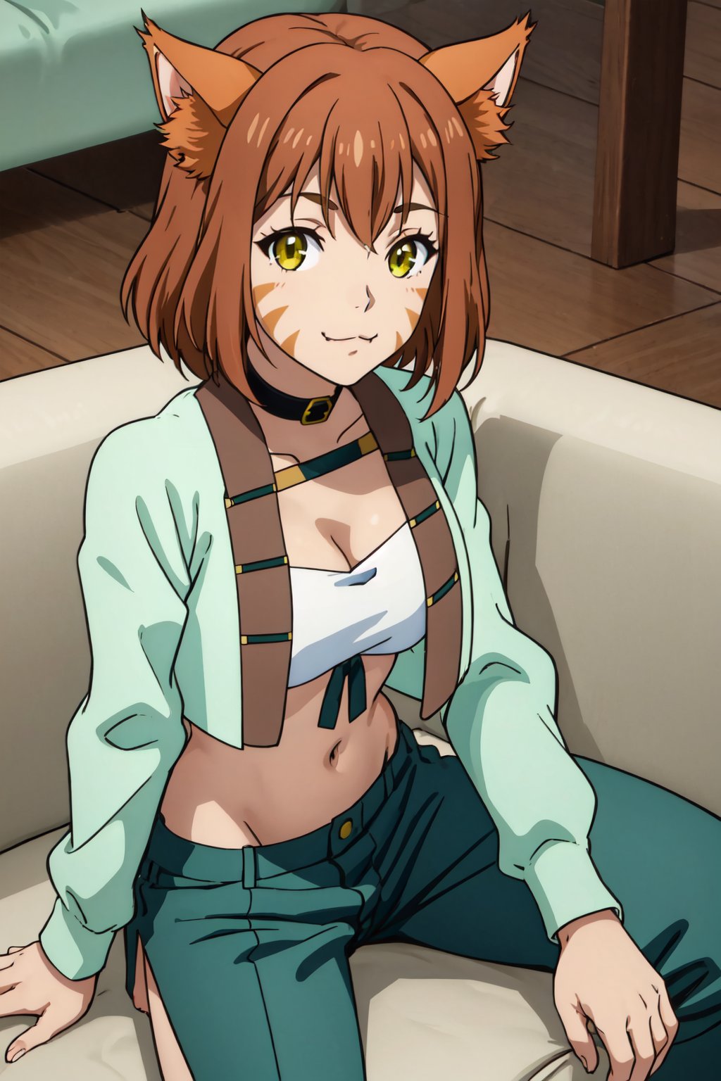 masterpiece, best quality, <lora:miyacatt-nvwls-v1-000010:0.9> 1girl, solo, miya, cat ears, whisker markings, collar, white bandeau, midriff, cleavage, cropped jacket, green pants, sitting, couch, looking at viewer, :3, from above, living room, happy