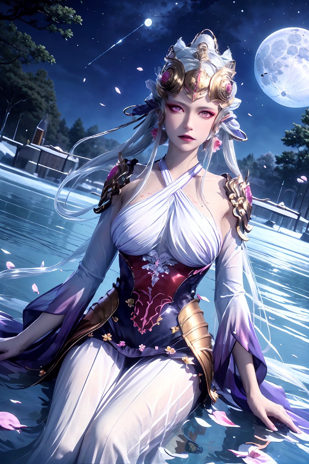 1girl, solo, long hair, looking at viewer, hair ornament, dress, jewelry, sitting, purple eyes, flower, white hair, earrings, outdoors, detached sleeves, sky, pointy ears, water, white dress, tree, petals, night, moon, star \(sky\), night sky<lora:EMS-7720-EMS:0.000000>, <lora:EMS-429078-EMS:0.800000>