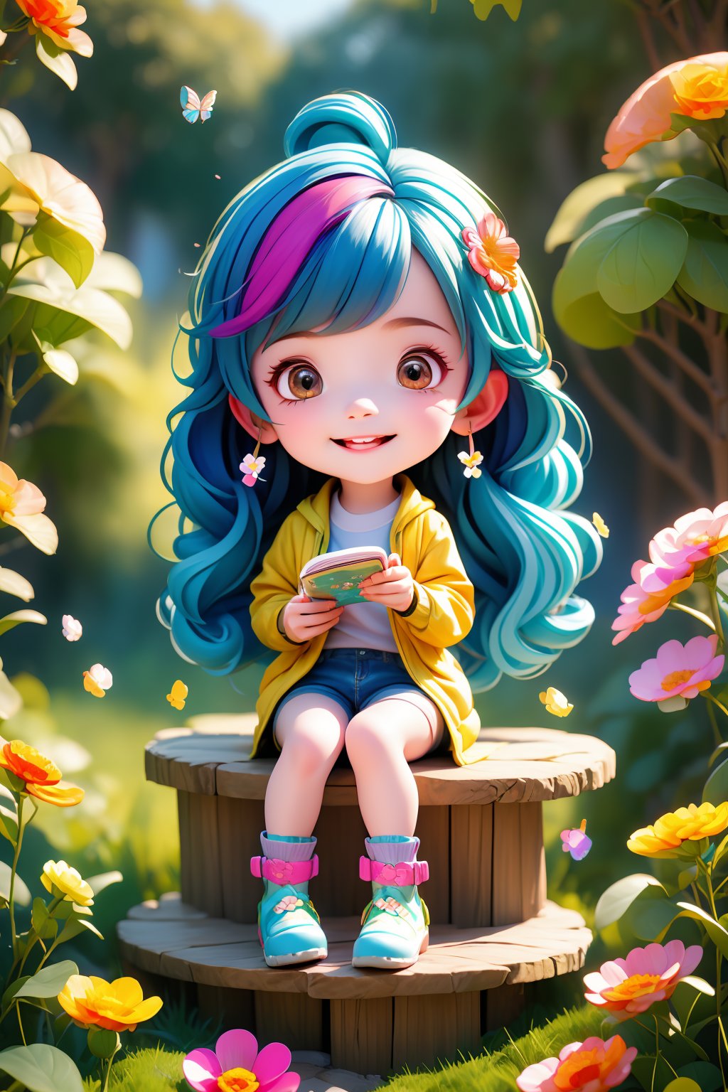 (extremely detailed:1.4), A cute little girl,smile,(blue hair:1.2),multicolored shirt,multicolored jacket,multicolored shorts,multicolored footwear,multicolored boots,sitting,reading,(multicolored flower:1.4),tree,butterfly,