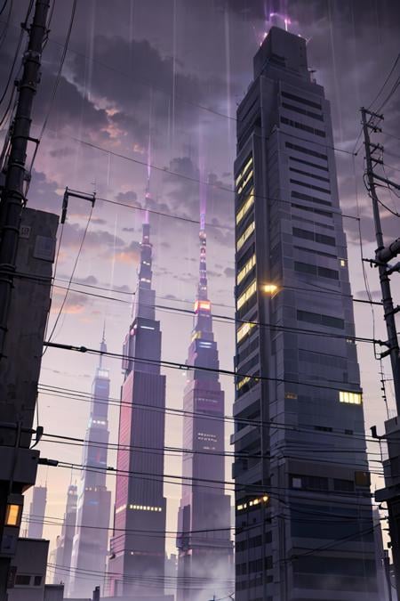 lanscape, amegakure  buildings, towers, dawn, cables, heavy rain, purple sky cloud, pipes, electricity, fog, cloudy sky, anime style, ghibli style,  ray of lights, <lora:ARWAmegakure:1>