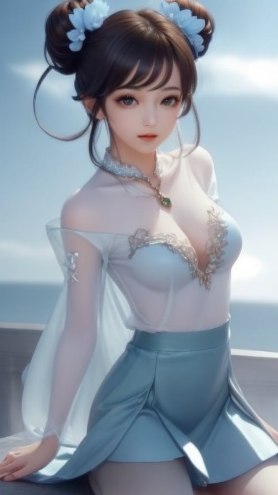 (1girl),smooth chin,masterpiece,detailed face,((hair ornament)),top quality,4k,make up,best quality,medium breasts,(looking at viewer),long legs,double bun,jewelry hair,dress,detached sleeves,ribbon,shawl,light blue skirt,puffy pants,hair rings,hair flower,(wariza),(arms behind back),bangs,jewelry on bangs,<lora:王者 小乔 青蛇SD_v1.0:0.6>,