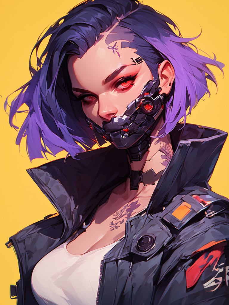 score_9, score_8_up, score_7_up, score_6_up, score_9, score_8_up, score_7_up, score_6_up, BREAK,1girl, solo, breasts, looking at viewer, short hair, black hair, red eyes, jacket, upper body, purple hair, tattoo, mask, portrait, yellow background, forehead, mouth mask, cyborg, cyberpunk<lora:xl_more_art-full_v1:0.25>, <lora:Stylized_Galactic:1>,