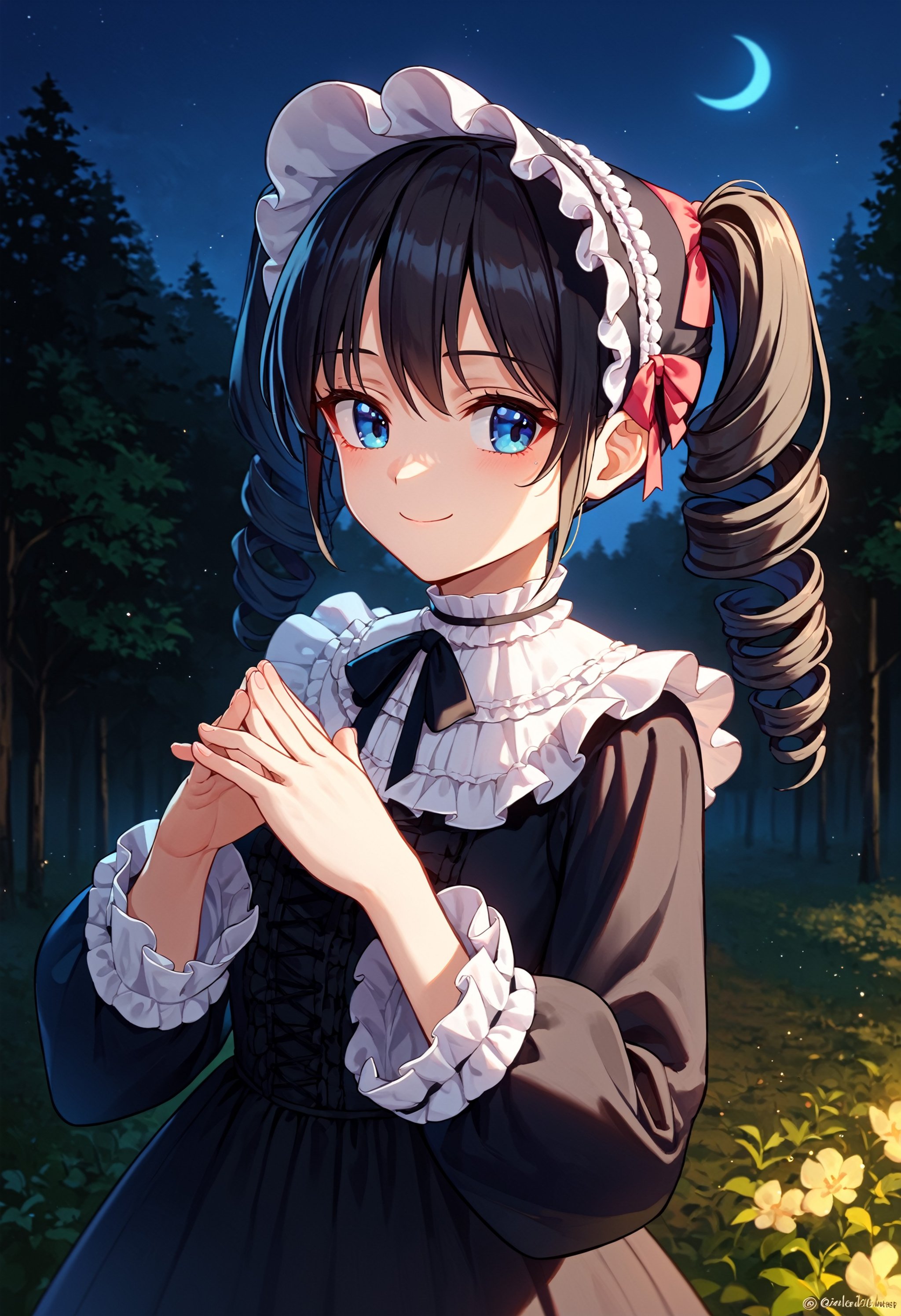 score_9, score_8_up, score_7_up, BREAK  upper body, frilled dress, gothic dress, night, outdoors, scenery, forest, smile, looking to the side, frills, long sleeves, twitter username, dress, blue sky, tree, own hands together, blue eyes, frilled bonnet, wide sleeves, sky, black hair, drill hair, black dress, victorian, nature, twintails