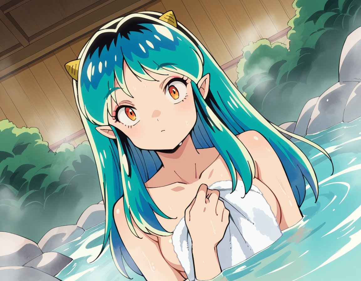 score_9, score_8_up, score_7_up, source_anime,uruseilum, <lora:urusei-lum-anime-s1-ponyxl-lora-nochekaiser:1>,lum, long hair, bangs, blue hair, orange eyes, horns, pointy ears, aqua hair, oni horns, eyeshadow,nude, naked, outdoors, onsen, towel, naked towel, steam, bathing, nude cover, partially submerged, water, bath, steam censor, wet towel,looking at viewer, dutch angle, cowboy shot,