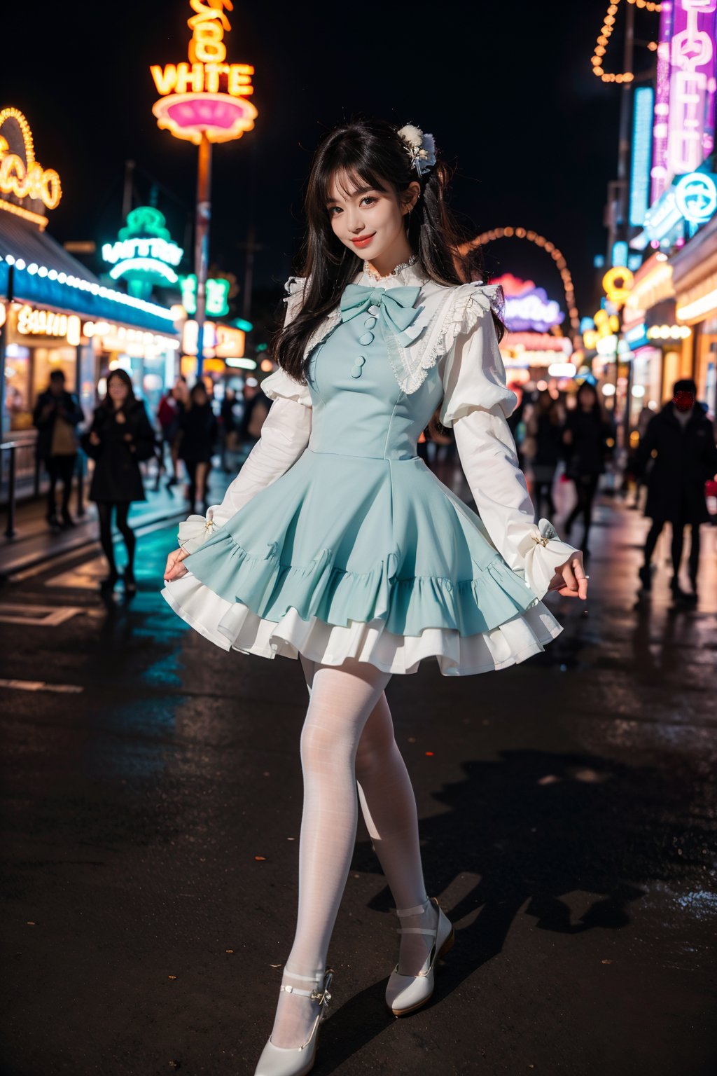 best quality, masterpiece, photorealistic, 1girl, solo, long straight black hair, blunt bangs, looking at viewer, full body, cyb dress, blue dress, long sleeves, puffy long sleeves, bow, (white pantyhose:1.4), mary janes, amusement park, people, colorful, neon light, <lora:cute_dress_style1_v1:0.7>