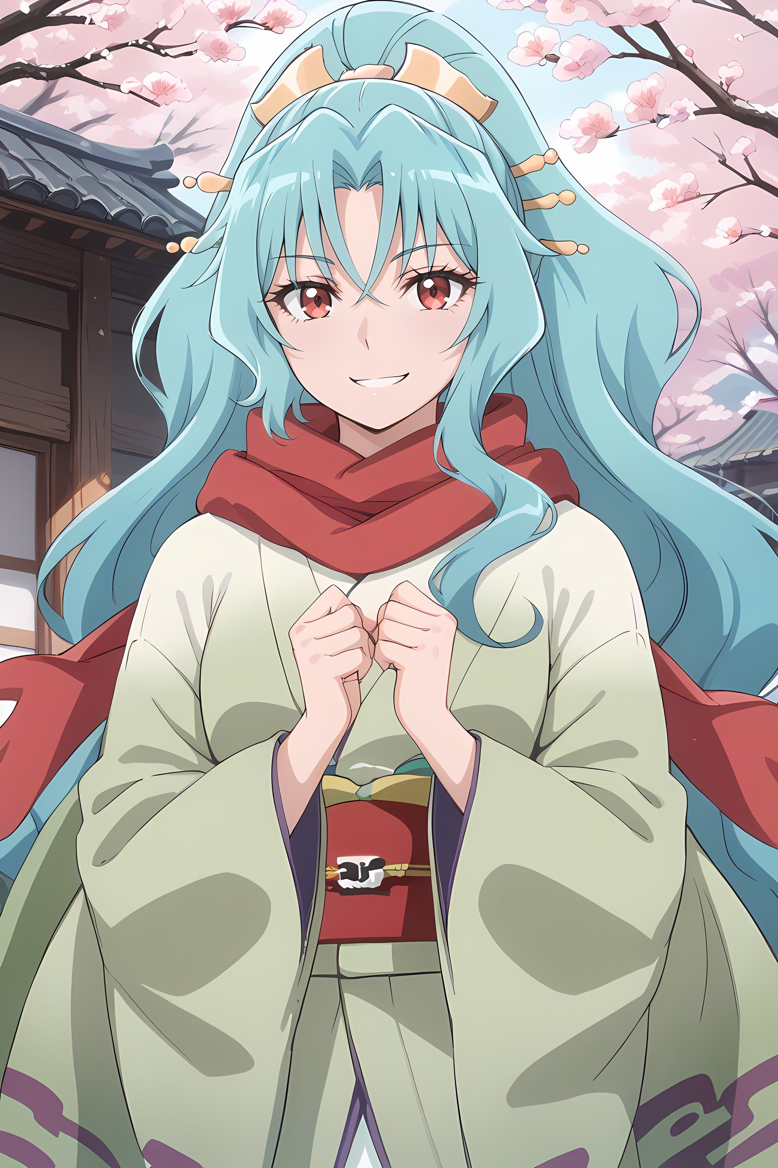 tomoe, kimono, scarf,  smile, one eye open, upper body, looking at viewer, <lora:tomoe:0.8>