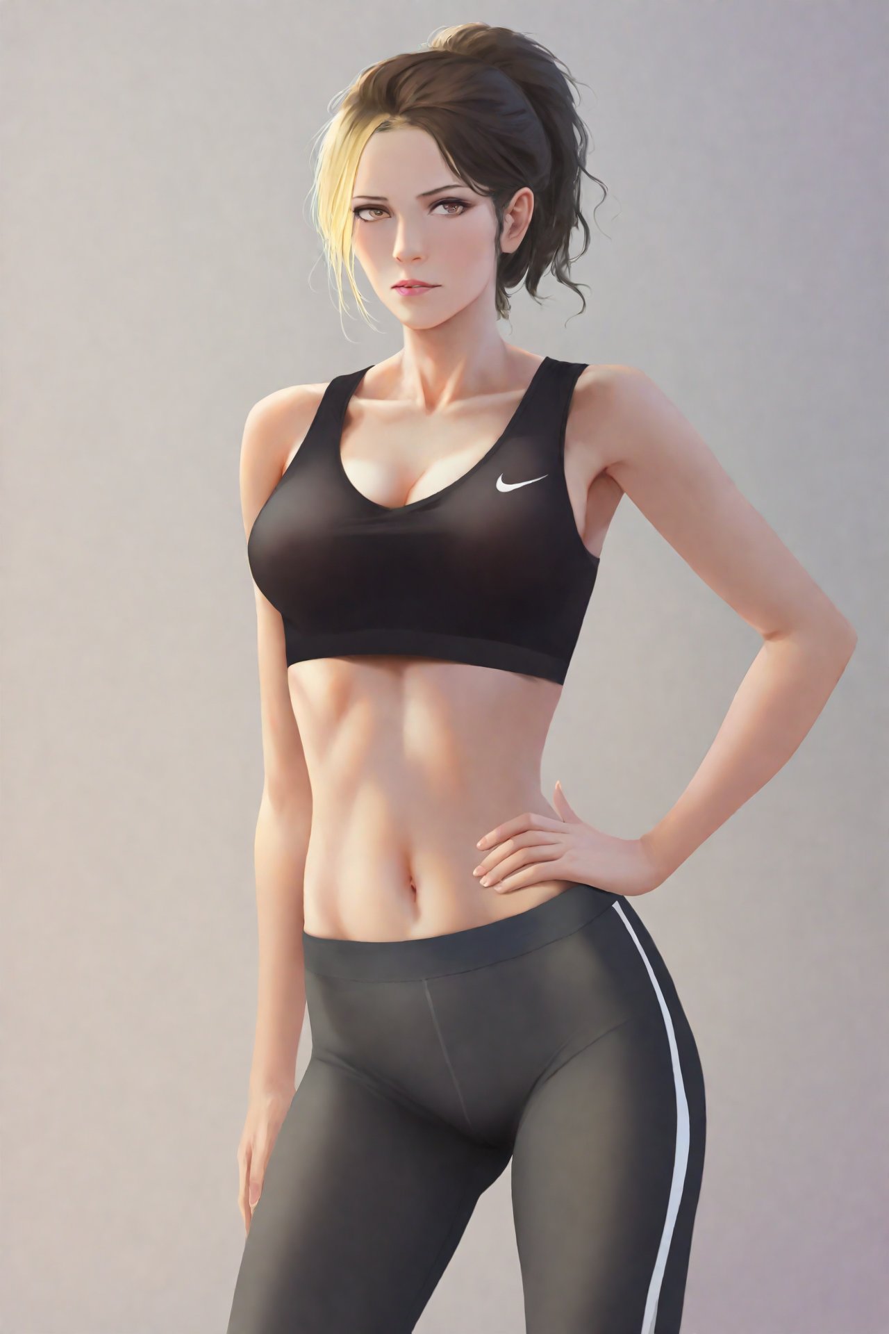 Colored lead Style, 1girl, solo, breasts, hand on own hip, navel, pants, midriff, white background, ponytail, crop top, cleavage, looking at viewer, grey pants, blonde hair, medium breasts, simple background, collarbone, tank top, brown hair, brown eyes, standing, sports bra, lips, cowboy shot, yoga pants, black sports bra,<lora:彩铅-hansXL-000010:1>,