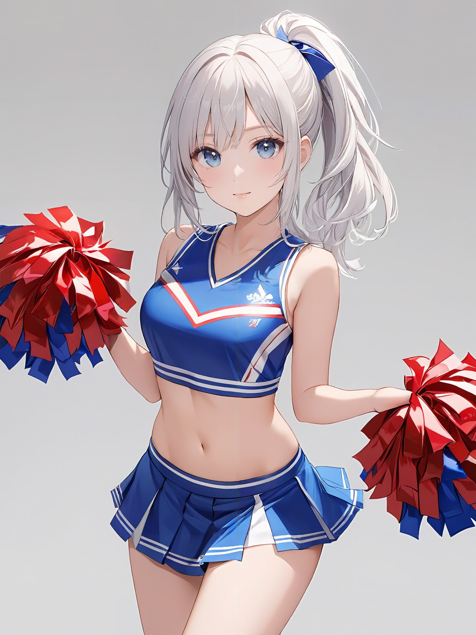 masterpiece,ultra-detailed,best quality,cute face,clean skin ,shiny hair,girl,ultra-detailed-eyes,simple background,  <lora:cheerleader_XL_V1.0:0.6>jyojifuku, cheerleader, pom pom \(cheerleading\),cowboy shot,