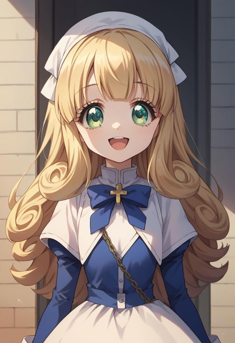 score_9, score_8_up, score_7_up, source_anime, highly detailed, 1girl, solo, cute,poporon, 1girl, blonde hair, solo, boots, long hair, dress, smile, upper body, body, open mouth, blue dress, long sleeves, green eyes, cr