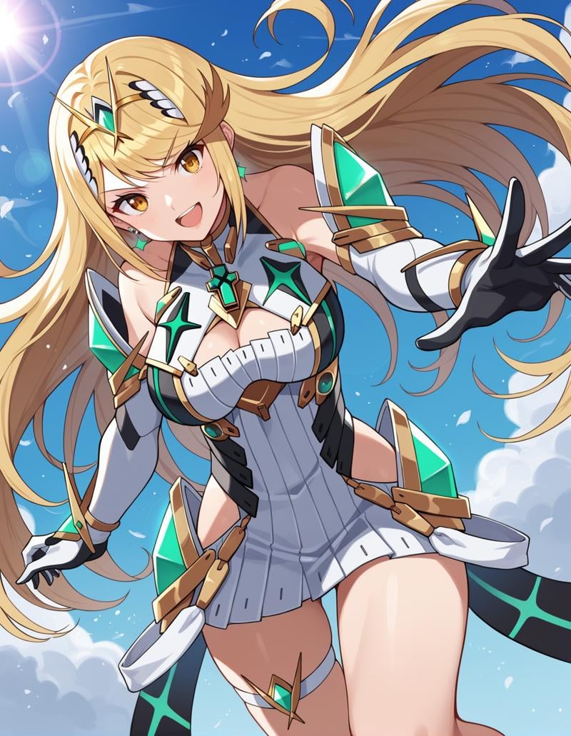 score_9, score_8_up, score_7_up, source_anime, rating_safe, BREAK <lora:mythra_XL-Pony_LoRA-C3Lier_8-8-8-8_AdamW_Un3e-4_Te1.5e-4_10batch:1:lbw=BASEIN08OUT00-02>, mythra \(xenoblade\), 1girl, yellow eyes, swept bangs, long hair, very long hair, blonde hair, large breasts, headpiece, tiara, earrings, chest jewel, cleavage, cleavage cutout, jewelry, short dress, white dress, clothing cutout, white gloves, elbow gloves, thigh strap, gem, floating, dutch angle, light smile, eye focus, open mouth, looking at viewer, facing viewer, head tilt, reaching towards viewer, wind, floating hair, aura, lightning, light particles, light rays, blue sky, cloud, sunlight, lens flare