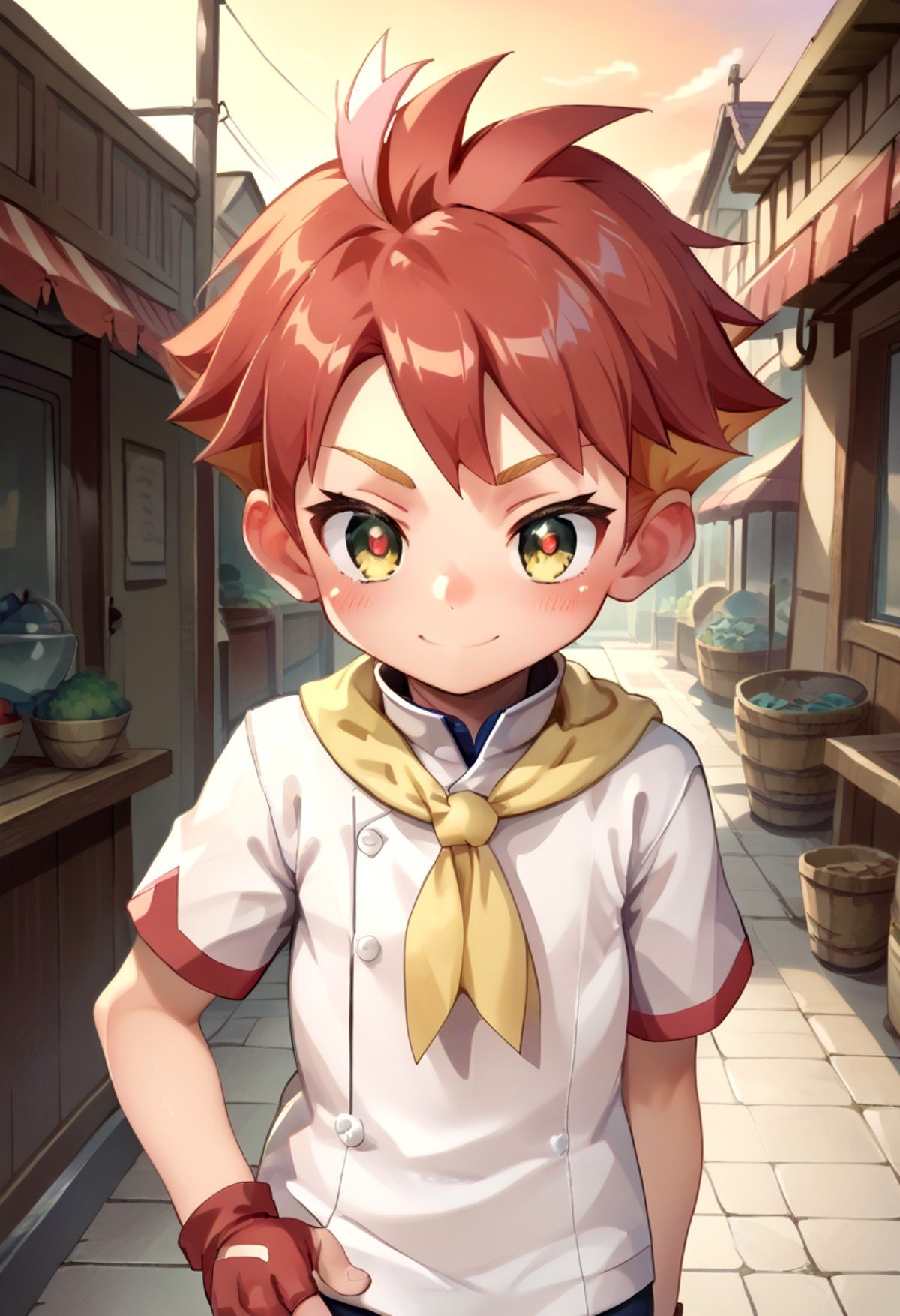 score_9, score_8_up, score_7_up,source_anime, rating_safe BREAK detailed eyes, village <lora:cutifiedanimecharacterdesign_variant_type_E_PonyXL_v10:0.6>  <lora:crispin:0.7>,petite,cute,crispin, multicolored hair, red hair, yellow eyes, red pupils, partially fingerless glove, single red glove, short sleeves white jacket, multicolored shorts, white shorts, yellow neckerchief, 