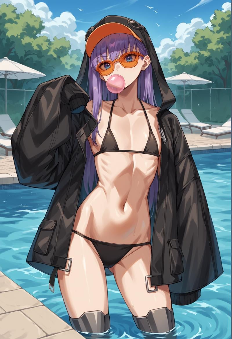 1girl, long hair, purple hair, blue eyes, flat chest, ribbon, black raincoat, orange visor, hood, long sleeves, sleeves past fingers, black bikini, mechanical legs. sunglasses, black sunglasses, chewing gum, outdoors, pool, open clothes  <lora:Meltryllis_XL:1>, score_9, score_8_up, score_7_up, score_6_up, score_5_up, score_4_up, BREAK source_anime, masterpiece