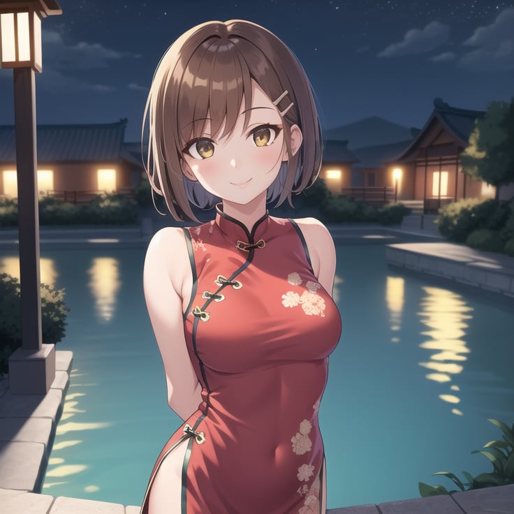 best quality,1girl,looking at viewer,hazel eyes,brown short hair,hair clip,night,pond,arms behind back,sleeveless,choker,chinese clothes,smile