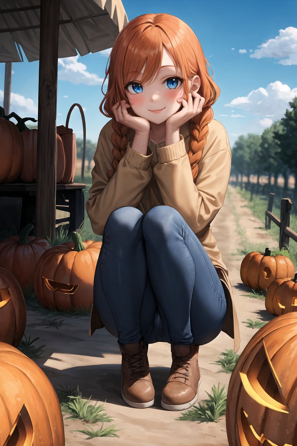 masterpiece,best quality,1girl,long orange hair,blue eyes,braids,jeans,pumpkin patch,on knees,face focus,smile