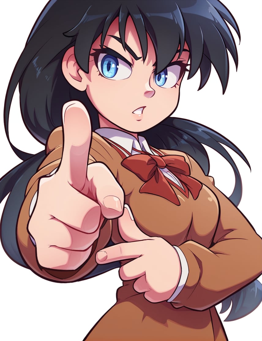 score_9, score_8_up, score_7_up BREAK 1girl, black hair, blue eyes, brown dress, dress, hanasakigawa school uniform, long hair, long sleeves, pointing, pointing at self, school uniform, simple background, solo, upper body, white background, bur5tf1re