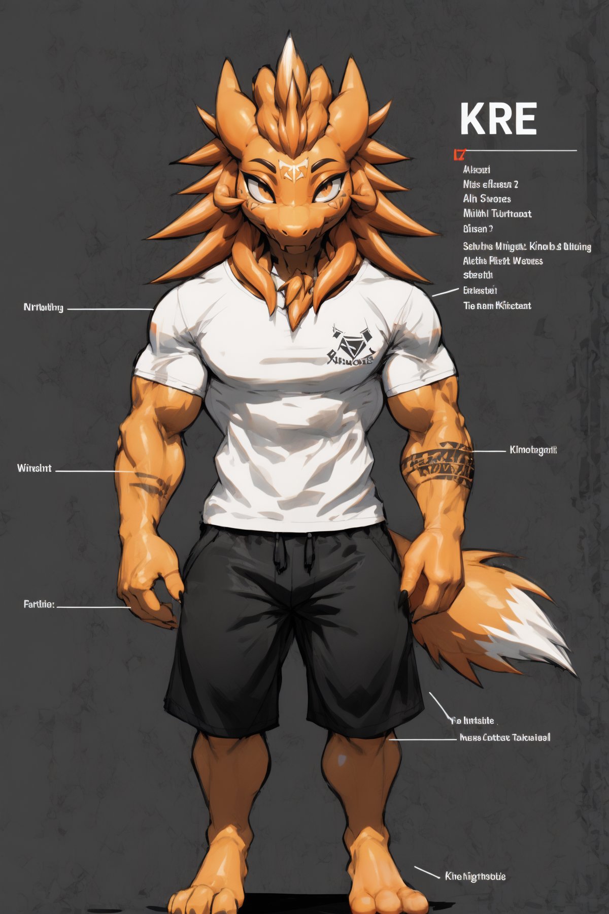 (wickerbeast:1.4), light brown hair spiky, ,good face, gorgeous eyes, portrait,long fluffy tail, smiling,teenager, (musculegs:1.1), very expressive face, long fluffy tail, furry,(Knightcore:1.6), good face, whole body, looking at viewer, (diagram style:1.3),(shopping:1.3),(black and white:1.2),(orange furs, orange hairs:1.3) ,up view,,techwear,tribal tattoos,,(tshirt:1.2),,oniric, calm, peaceful,,musculegs,,,BREAK,(best quality, high quality:1.4),good colors,,,<lora:vrcfurry_v43-000021:0.70> <lora:GachaSplash4:0.35> <lora:fluffyrock-quality-tags-v3.0-vpred:1> <lora:hd_helper_v1:0.01> <lora:niji_wushi:0.15> <lora:starlight:0.6> <lora:TailsFixer:0.8>