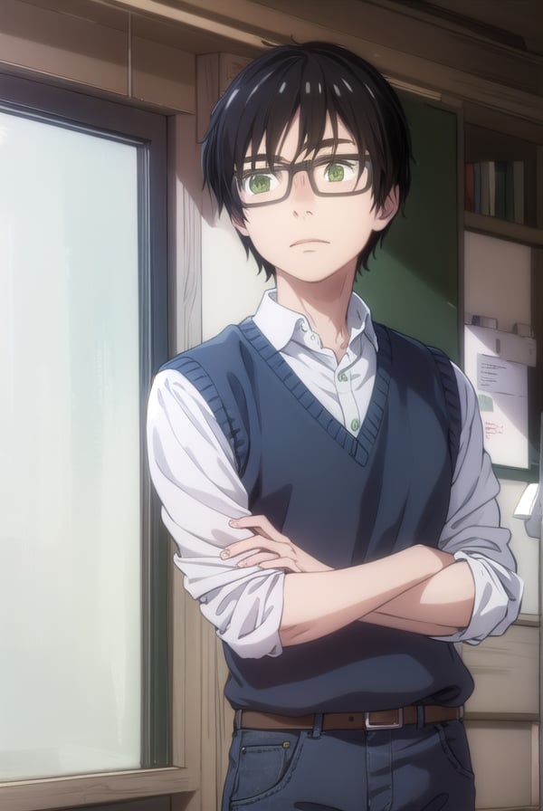 reikiriyama, <lora:rei kiriyama s2-lora-nochekaiser:1>,rei kiriyama, black hair, (green eyes:1.3), male focus, glasses, black-framed eyewear,BREAK shirt, school uniform, white shirt, short sleeves, belt, pants,BREAK indoors, classroom,BREAK looking at viewer, (cowboy shot:1.5),BREAK <lyco:GoodHands-beta2:1>, (masterpiece:1.2), best quality, high resolution, unity 8k wallpaper, (illustration:0.8), (beautiful detailed eyes:1.6), extremely detailed face, perfect lighting, extremely detailed CG, (perfect hands, perfect anatomy),