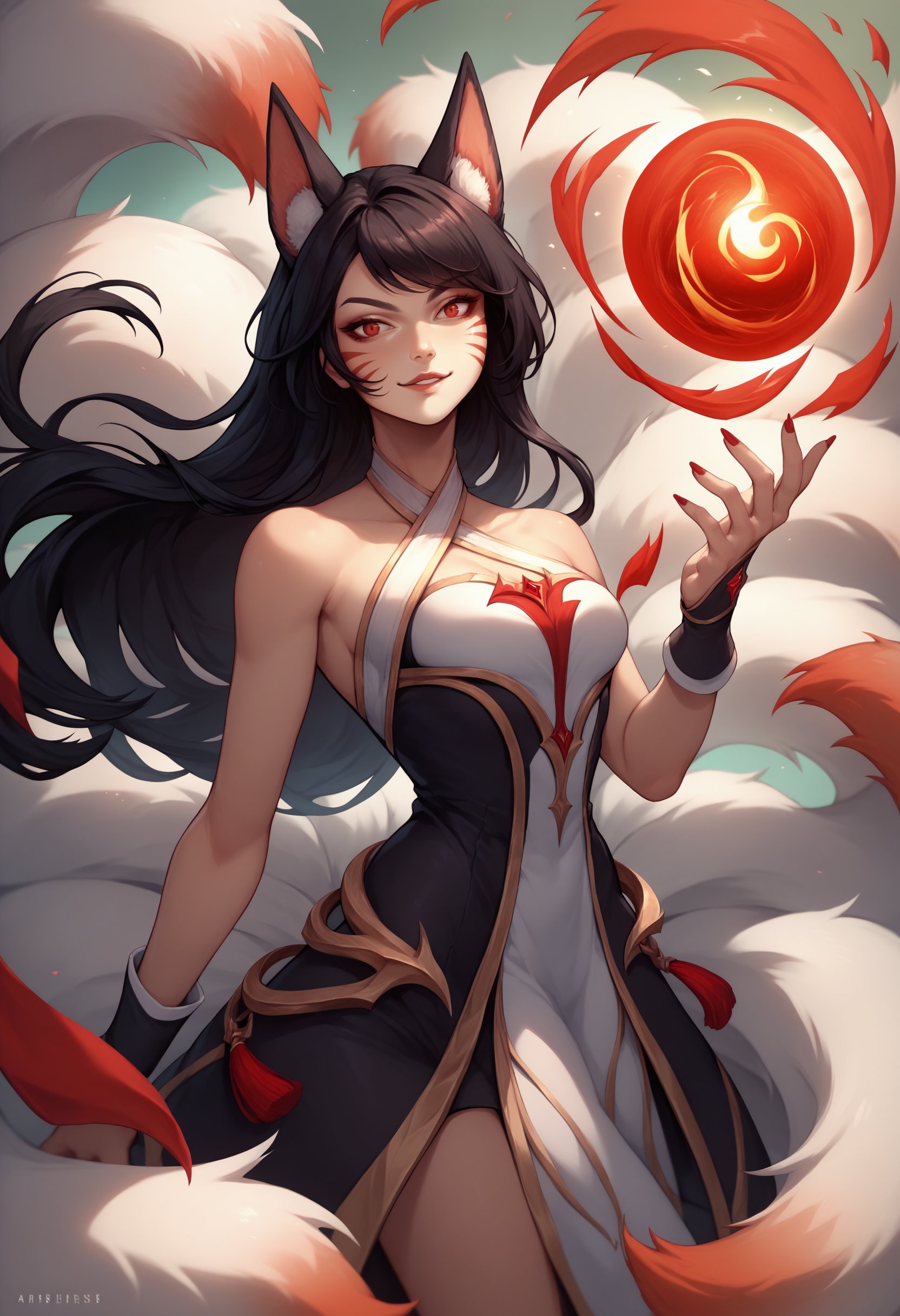 score_9, score_8_up, score_7_up, 1girl, ahririsen, animal ears, facial mark, fox tail, multiple tails, long hair, black hair, red eyes, breasts, red nails, dress, halterneck, bare shoulders, cleavage, <lora:Ahri_RisenLegend_pdxl_Incrs_v1:1>, seductive smile, cowboy shot, energy ball, stance, 