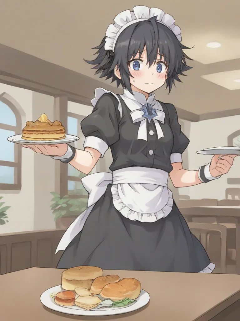 <lora:AnnieEilenbergAtelierAnnie:0.7>1girl, solo, annieatelier, short hair, black hair, blue eyes, black dress, short sleeves, puffy sleeves, waist apron, headdress, maid outfit, indoors, restaurant, standing, holding, plate, food, nervous,