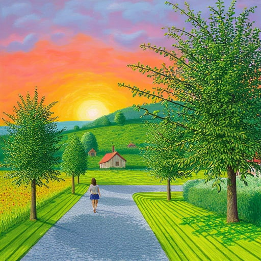 Produce an image of a tranquil countryside road at sunset in the style of David Hockney. The road winds through rolling hills covered in lush greenery, with a few scattered trees and a distant farmhouse. The sky is painted with warm hues of orange, pink, and purple as the sun sets. Include a figure walking along the road, casting a long shadow. The overall mood should be peaceful and reflective, with a focus on the natural beauty of the landscape.