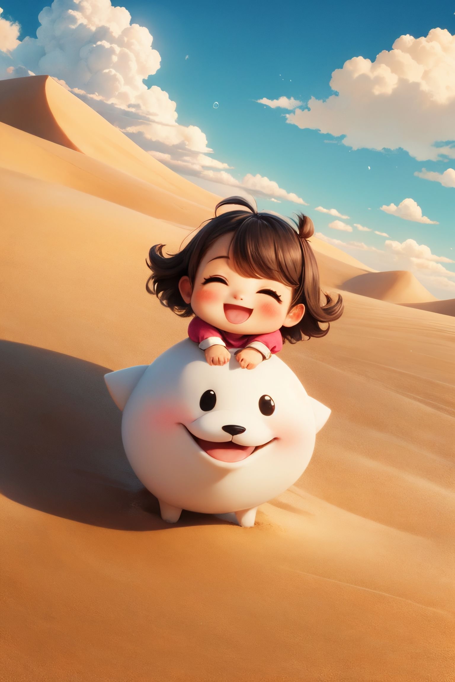 Disney pixar style,a cute little cloud with a happy smile,flying over sand dunes giving rain,foreground sandy desert,flowers in background,letitflrsh,(kawaii,chibi:1.1),