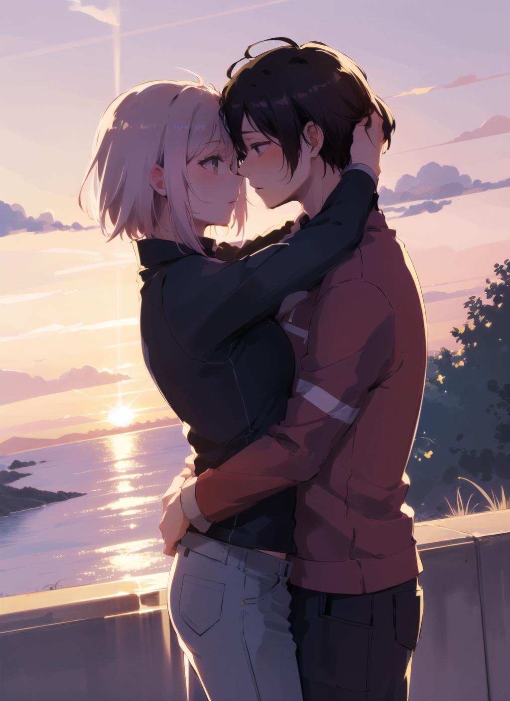 forehead-to-forehead, 1girl, 1boy, hetero, sunset, hug,   <lora:forehead-to-forehead_v2_b-000008:0.9>