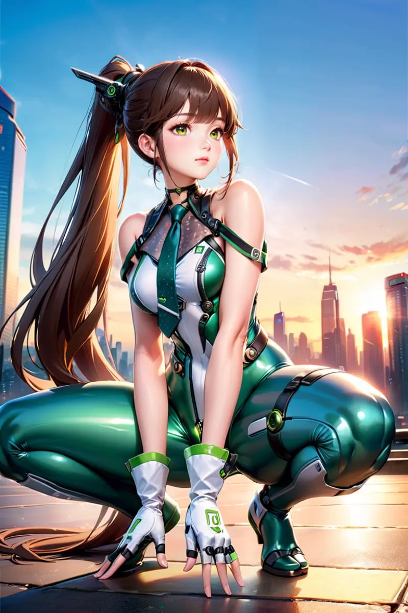 1girl,solo,full body,ruanyi0530,ruanyi0530,android,bare shoulders,belt,black choker,bodysuit,fingerless gloves,mechanical parts,zipper,green necktie,,sleeveless,white gloves,outdoors,cityscape,18 years old Korean girl,green necktie,ponytail,very long hair,cyborg,see-through,green bodysuit,squatting cowgirl position,spread legs,<lora:0530 Stellar Blade Battle Suit_3_xl_v1:1>, best quality,masterpiece,highres,official art,extremely detailed cg unity 8k wallpaper