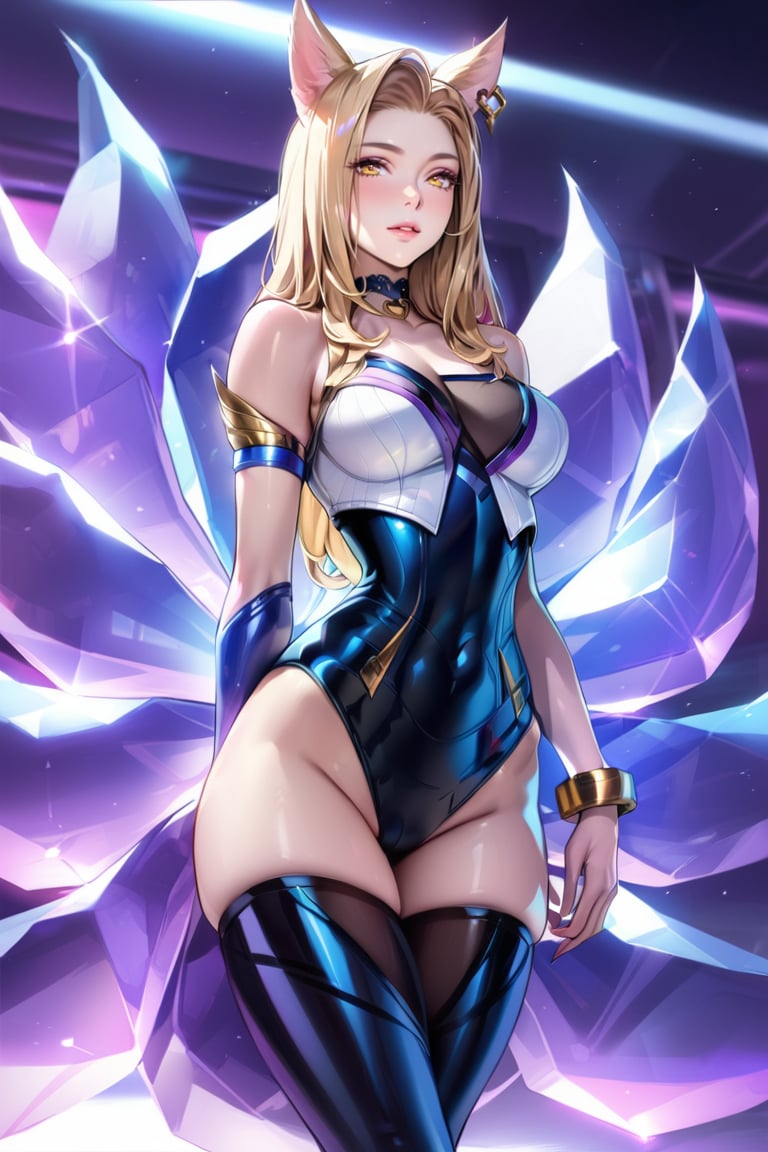 (Masterpiece), mature, HDR,UHD,8K, best quality, Highly detailed, physically-based rendering, extreme detail description, perfect skin, shiny skin, shiny hair,perfect face, 1girl, kda1, blonde hair, yellow eyes, thighighs, facial mark, animal ears, tail, choker,Ahri, K/DA Ahri, bare shoulders, arm straps,LeagueOfLegendsAhri, long hair, bracelet, jewelery, heart choker, multiple tails, idol, cleavagefox ears, earrings,black leotard, white top, high thighhighs, magenta tail, ((black thighhighs)),ahri, black stockings, gloveless, bare hands<lora:EMS-335737-EMS:0.600000>, <lora:EMS-388761-EMS:0.100000>, <lora:EMS-418655-EMS:0.800000>