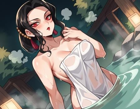 score_9, score_8_up, score_7_up, source_anime,muzankibutsuji, <lora:muzan-kibutsuji-ponyxl-lora-nochekaiser:1>,muzan kibutsuji, black hair, hair ornament, red eyes, red lips,nude, naked, outdoors, onsen, towel, naked towel, steam, bathing, nude cover, partially submerged, water, bath, steam censor, wet towel, blush,solo, dutch angle, looking at viewer, cowboy shot,