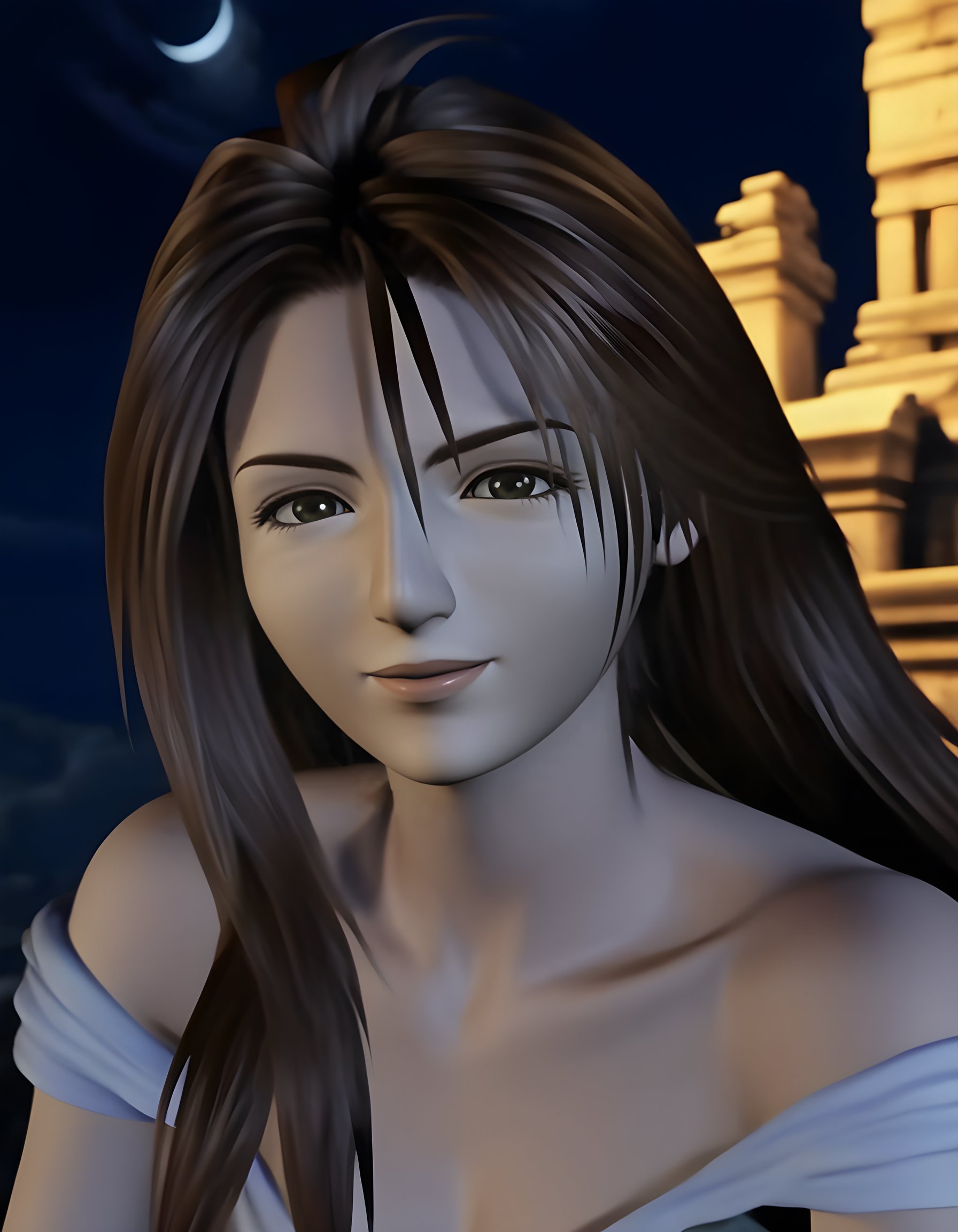 ff8_style, In a Final Fantasy VIII-inspired scene, the camera captures a captivating close-up portrait of a woman with long, wavy brown hair cascading down her shoulders, her black eyes half-closed and gazing intently at the viewer, her lips subtly parted in a mysterious smile. Set against the backdrop of a moonlit, ancient ruins in Ultimecia Castle, the soft glow of magic emanating from her hands casts an ethereal light on her face, creating a dramatic and emotional tone reminiscent of the game's poignant storyline.