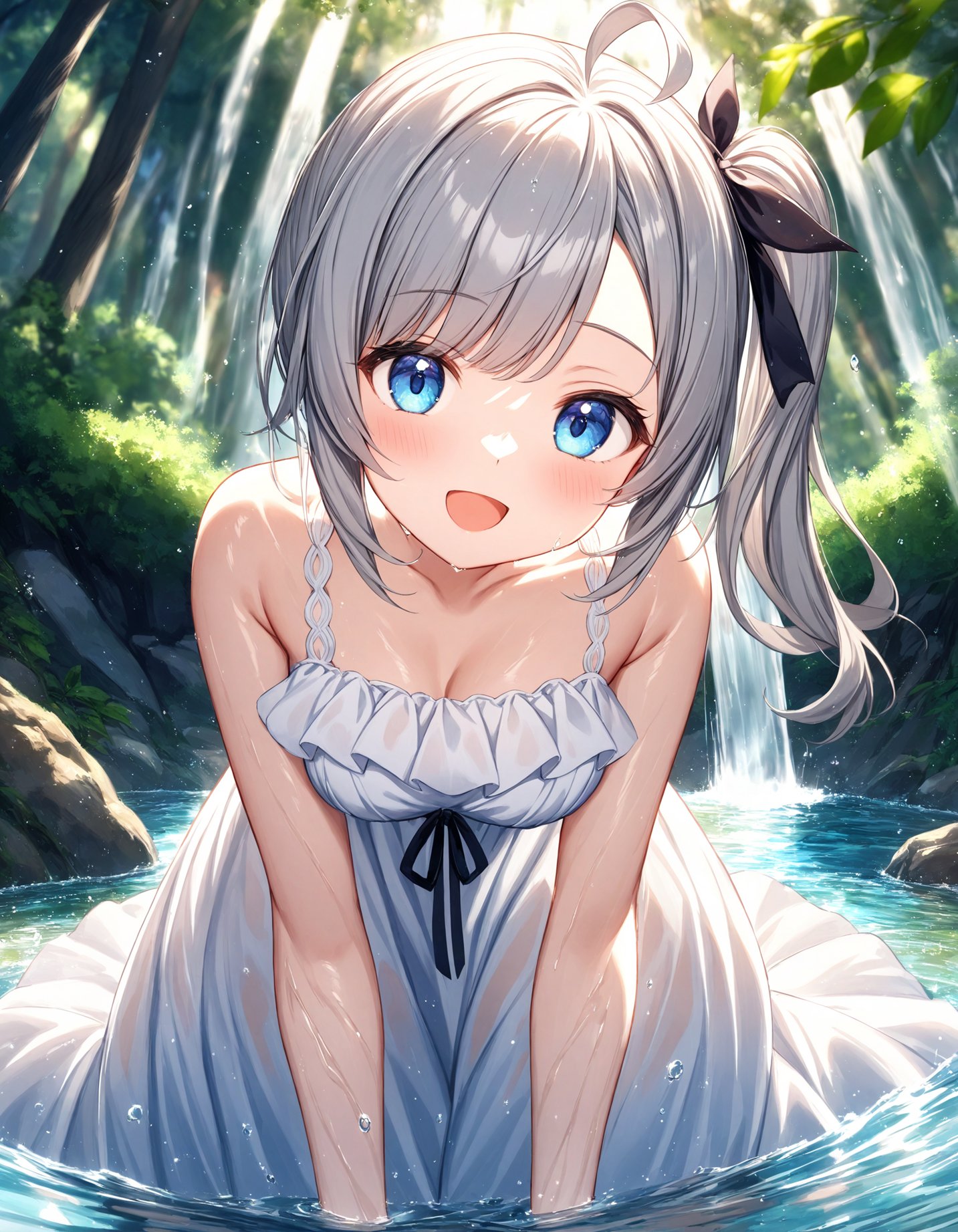 Depth of field. Upper body shot. (Shooting from side/below:0.75). A cute girl. Solo. :D. Open mouth. Leaning forward. Looking at viewer. Put in water to ankels. (Round face:1.1). Detailed dark-blue eyes. Tareme. Detailed body. (Medium breasts:1.05). Medium hair. (Side ponytail:1.1). Hair ribbon. (Gray hair). (Gray inner hair). Ahoge. Asymmetrical bangs. White chiffon sundress. Ruffled sundress. (Long skirt:1.2). Forest. Lush greenery. Shallow water. (Waterfall view:1.1). Splash water. Summer. (Daytime:1.2). (Sunlight filtering through trees.:1.4). Cute style. Intricate details. Extremely detailed. Outstanding intricacies. (Masterpiece:1.2). (Best quality:1.2). (Absurdres absolutely resolution:1.4).