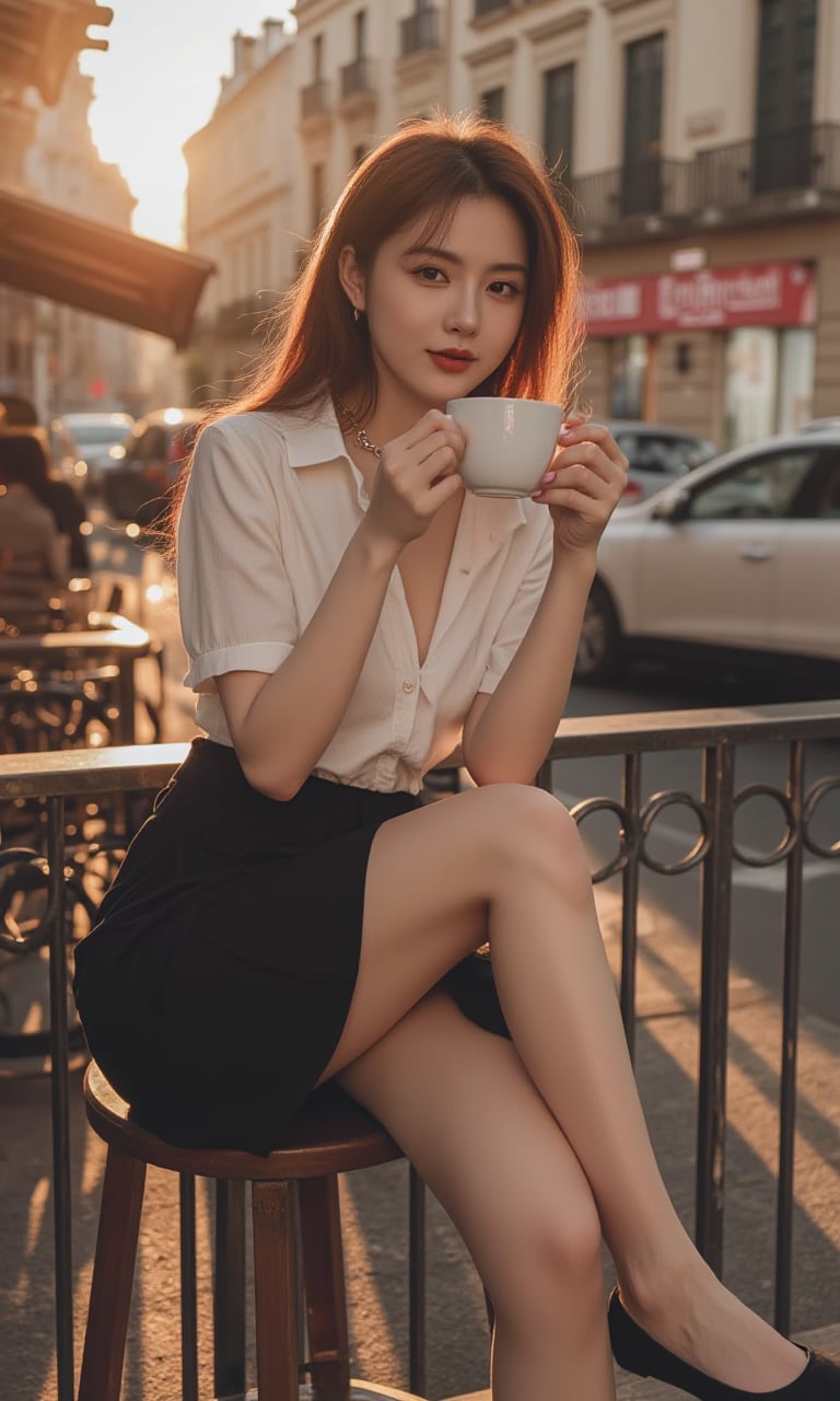 A woman around 25 years old, with a blend of innocence and sensuality, is perched on a stool at a bustling café terrace. The sun is setting, casting a warm, golden light that dances across her features as she sits there, wearing a white JK top and a black JK skirt. The skirt's hem just skims her thighs, revealing a hint of skin that is both playful and alluring.She's sipping on a latte, her fingers wrapped delicately around the mug, her nails painted a soft shade of pink that complements her outfit. Her top is neatly buttoned, but the top button is left undone, offering a glimpse of the delicate chain necklace she wears. The breeze gently ruffles her hair, a chestnut mane that falls in loose waves down her back.Her legs are crossed, the black skirt riding up just a bit more, showcasing her toned calves. Her feet are adorned with a pair of simple, black ballet flats, a touch of elegance that matches her overall style. As she takes a sip, her eyes scan the street, a look of relaxed curiosity on her face.Her expression is one of contentment, with a hint of a smile that suggests she's enjoying the simple pleasure of a coffee break. When she catches someone's gaze, her eyes light up with a warm, inviting sparkle. She raises her eyebrows slightly, a silent invitation to join her, her lips curving into a more pronounced smile that reveals a dimple in her left cheek.As a group of laughter-rich friends walks by, she turns her head to follow their joyous sound, her hair swishing with the movement. Her own laughter joins theirs for a moment, a melodious sound that is as infectious as it is beautiful. She brings her hand to her mouth to cover her笑, her eyes crinkling at the corners, showing lines of genuine mirth.The woman's sexiness and charm are not in her attire alone, but in the way she carries herself—confident yet approachable, with an air of ease that makes everyone around her feel at home. She is a vision of youthful elegance, a magnetic presence on this lively street corner, drawing the admiration of all who pass by.