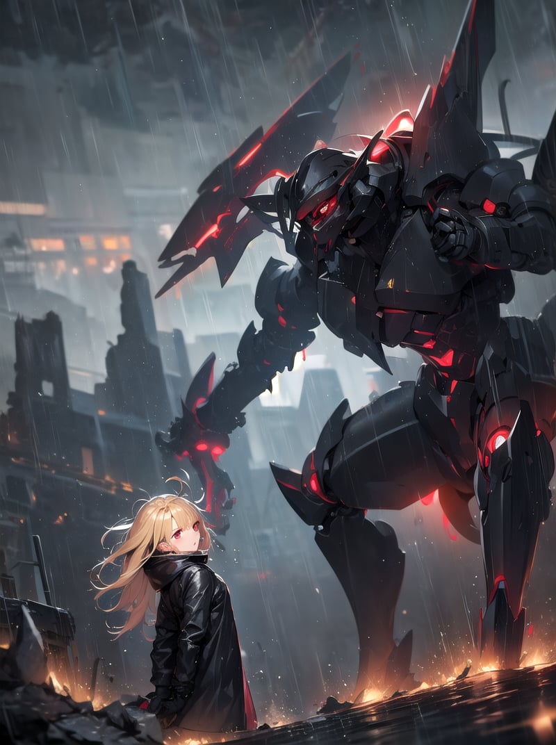 masterpiece, best quality, 1girl, red eyes, blonde hair, mechanical legs, raincoat, black gloves, black coat, raining, headset, long hair, mecha, wet, ruins,  