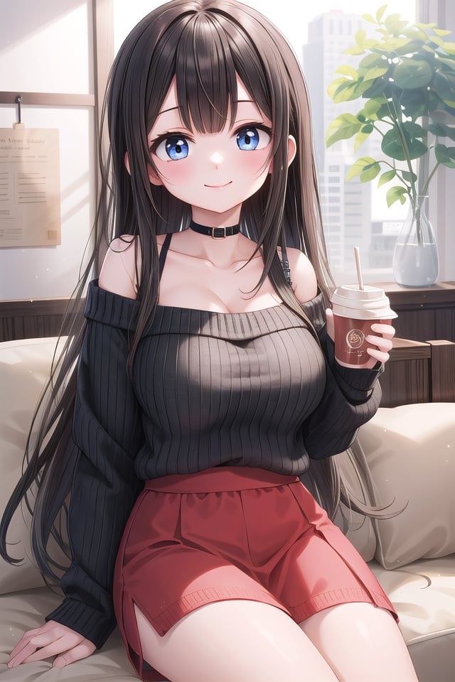 insanely detailed, absurdres, ultra-highres, ultra-detailed, best quality,1girl, solo, nice hands, perfect hands,BREAKwearing sweater, off shoulder sweater, one piece sweater, sweater with long sleeves, bare shoulder, collarbone, red skirtBREAKhappy smile, laugh, closed mouth,sitting, holding coffee cup, (coffee cup on thigh:-1),45 angle, cowboy shot, looking at viewerBREAKslender, kawaii, perfect symmetrical face, ultra cute girl, ultra cute face, ultra detailed eyes, ultra detailed hair, ultra cute, ultra beautiful,BREAKindoors, in coffee shopBREAKlarge breasts, black hair, long hair, black eyes