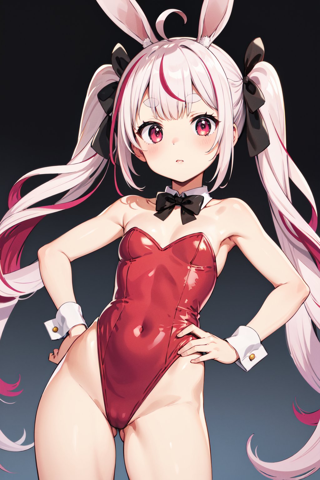 masterpiece, best quality, highres, aatomari, long hair, ahoge, twintails, hair bow, multicolored hair, rabbit ears, thick eyebrows, <lora:tomari_mari_v1:0.7>, playboy bunny, leotard, hand on hip, 