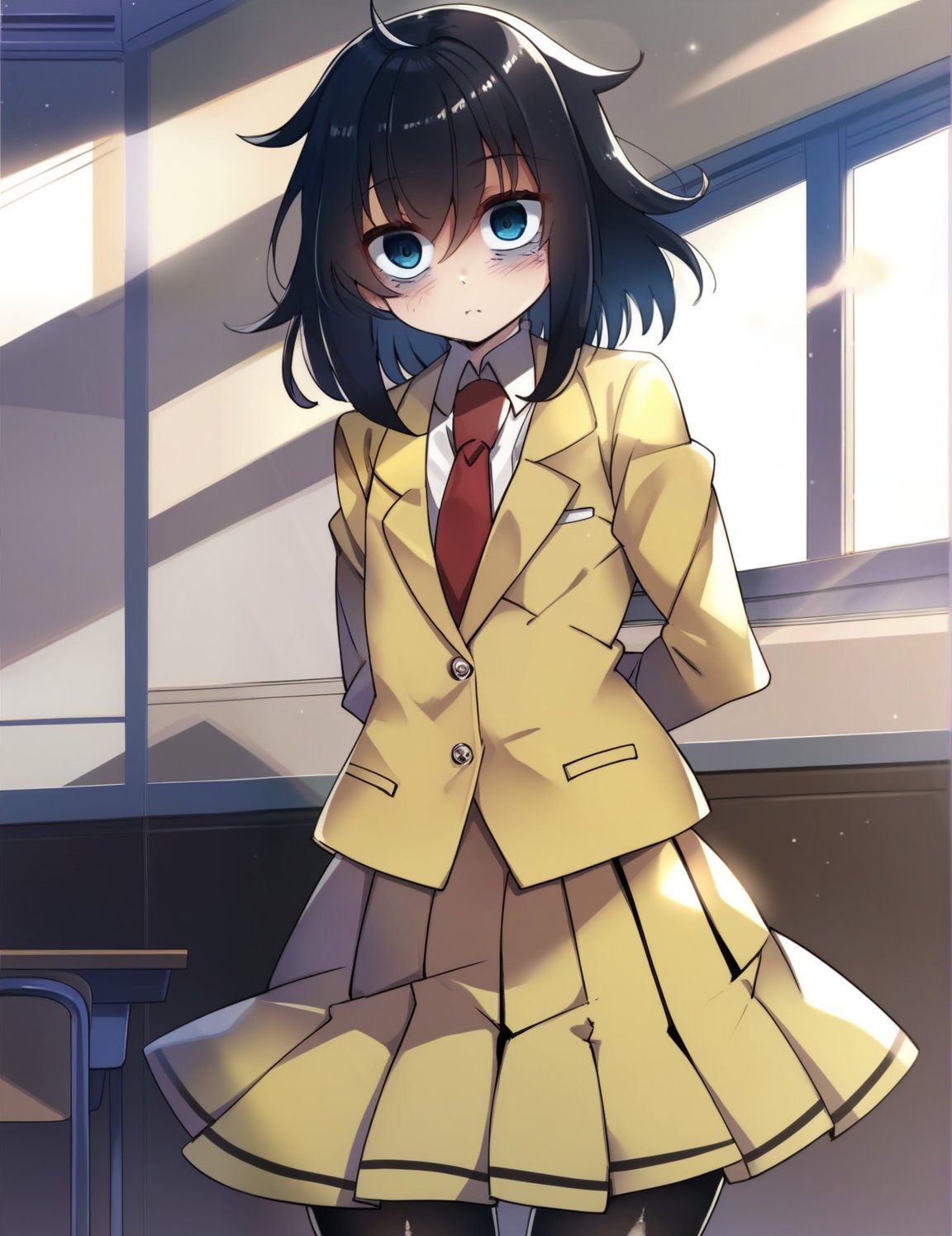 score_4, score_5, score_6, score_9, score_8_up, score_7_up, solo, source_anime, <lora:tomoko_kuroki-10:1>, tomokoxl, bags under eyes, black hair, medium hair,  school uniform, black pantyhose, red necktie, yellow skirt, pleated skirt, yellow jacket, standing, cowboy shot, arms behind back, looking at viewer, blush, classroom, indoors, ligh rays, window, blue sky