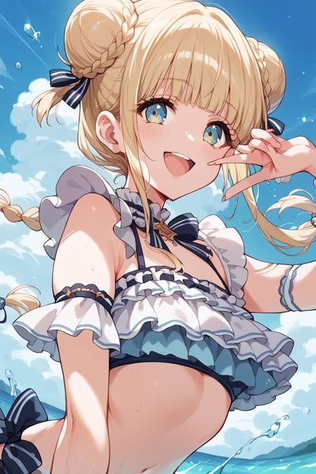 score_9, score_8_up, score_7_up, score_6_up, 1girl,<lora:Fukushima_Noa_r2:0.9> noa, blonde hair, bangs, hair buns, twin braids, bikini, open mouth, smile, jewerly, frills,