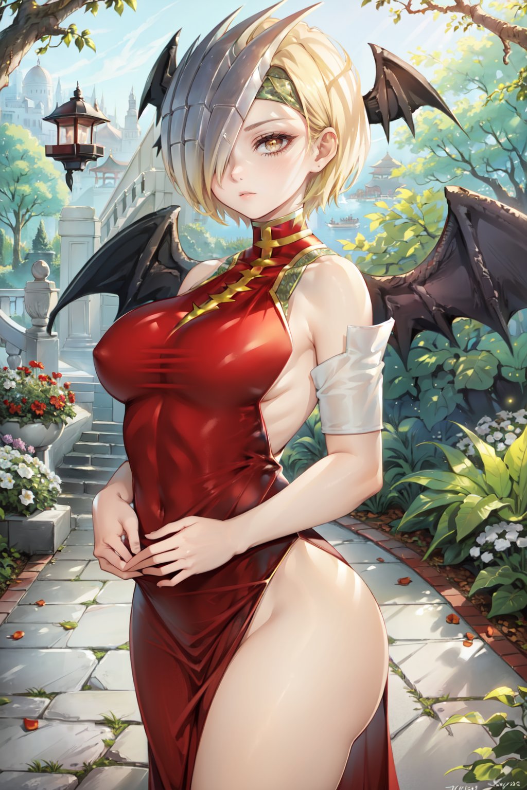 (best quality, ultra detailed), (detailed background:1.2), (perfect face, detailed face), looking at viewer, (mature female:1.4),<lora:ryuukyuu-10:1> ryuukyuu, short hair, hair over one eye, large breasts, bare shoulders, dress, head wings, red dress, chinese clothes, china dress, thighs, wings(outdoors, garden, standing)   