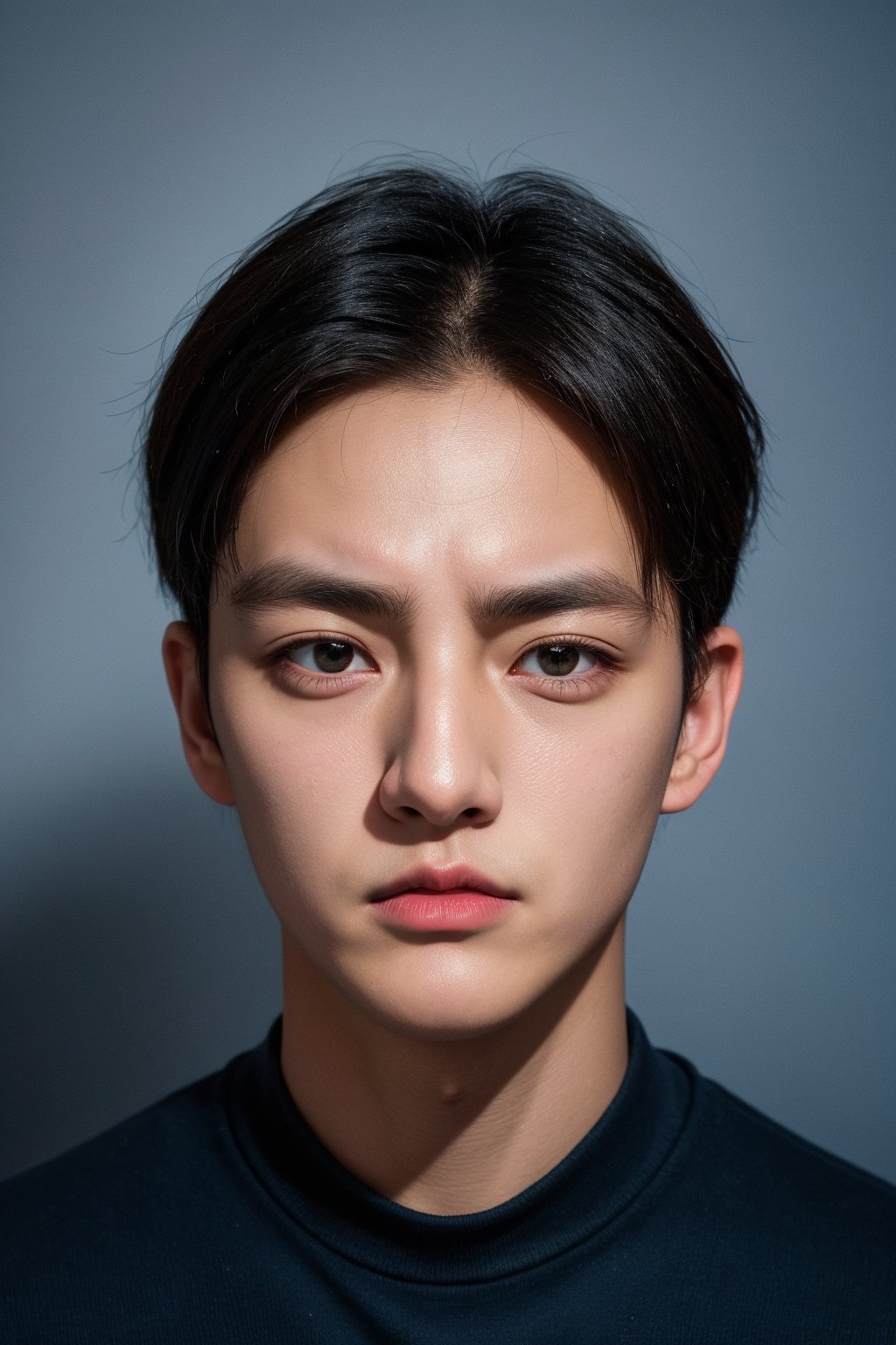 1man, black background, black eyes, closed mouth, grey eyes, looking at viewer, 